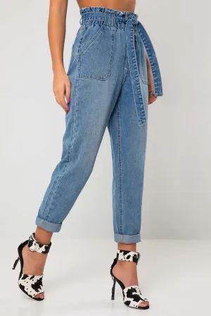 Liv Mid Blue Paperbag High Tie Waist Jean