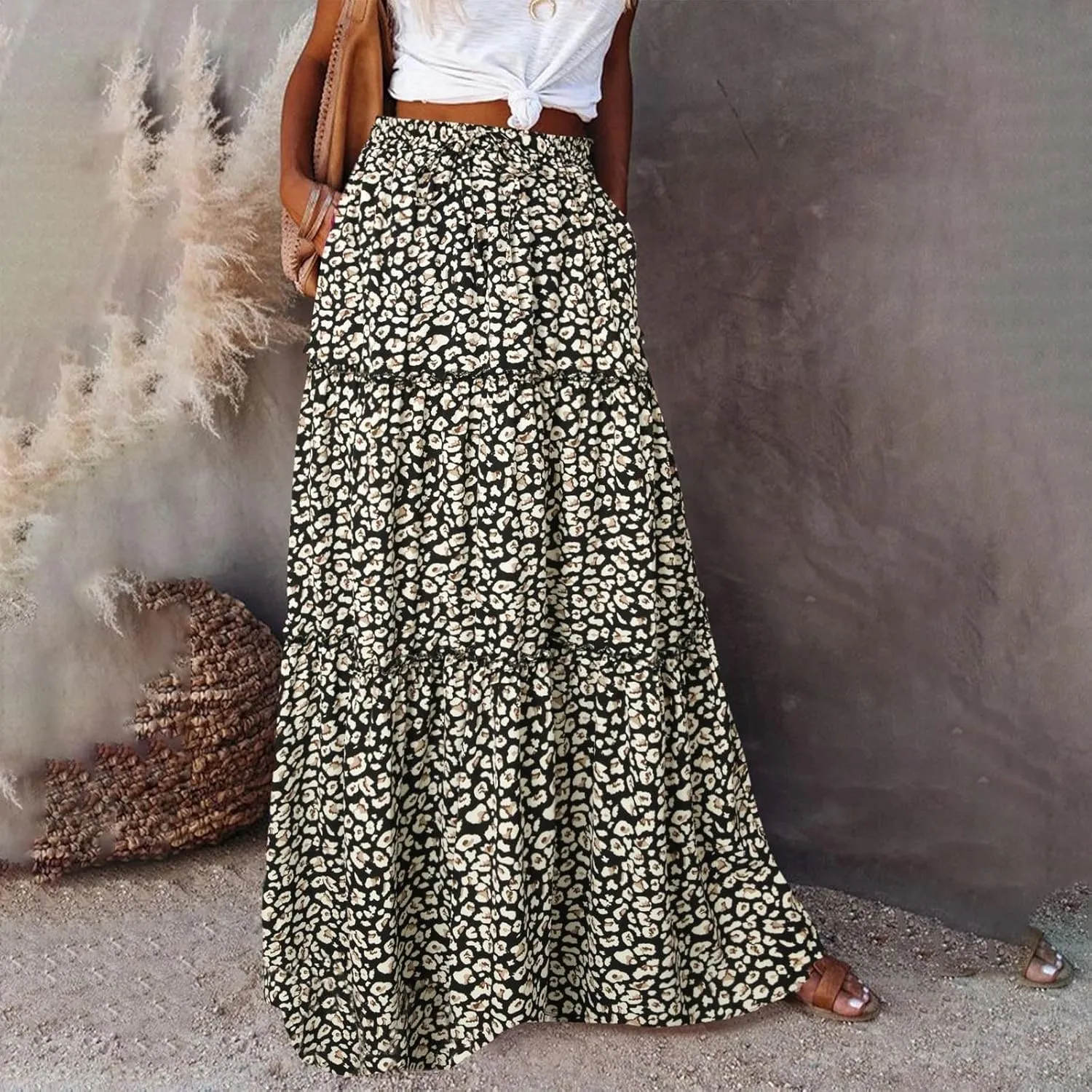 Long Skirts for Women High Waisted Ruffle Maxi Skirt Flowy Floral Boho Skirt A Line Tiered Skirt Summer Pleated Skirt