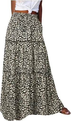 Long Skirts for Women High Waisted Ruffle Maxi Skirt Flowy Floral Boho Skirt A Line Tiered Skirt Summer Pleated Skirt