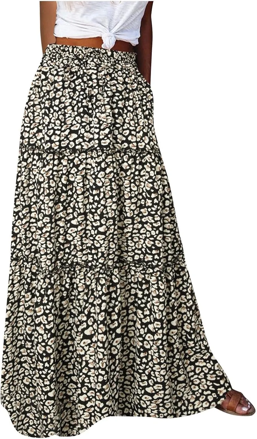 Long Skirts for Women High Waisted Ruffle Maxi Skirt Flowy Floral Boho Skirt A Line Tiered Skirt Summer Pleated Skirt