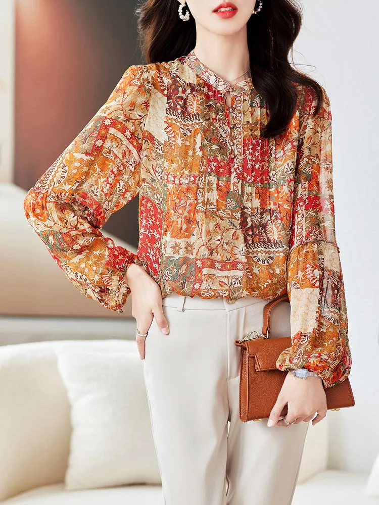 Long sleeve multicolor printed silk shirt