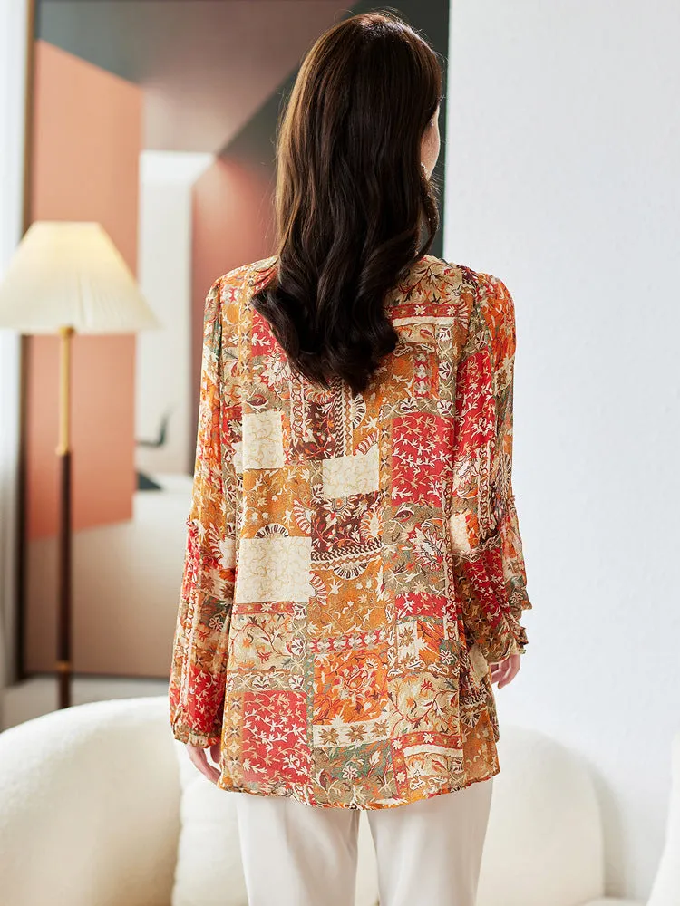 Long sleeve multicolor printed silk shirt