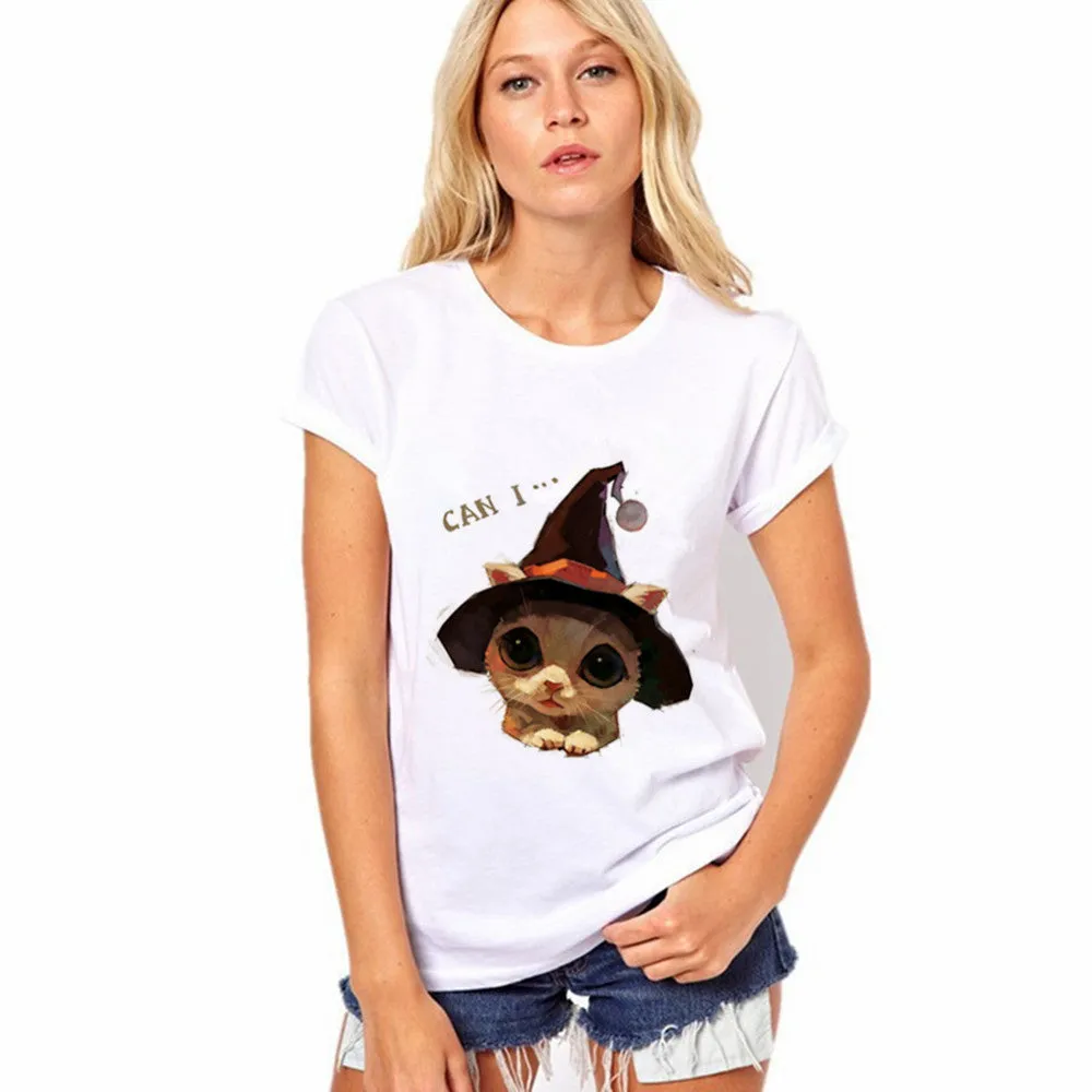 Lovely Cat Pattern Print Short Sleeves Slim T-shirt