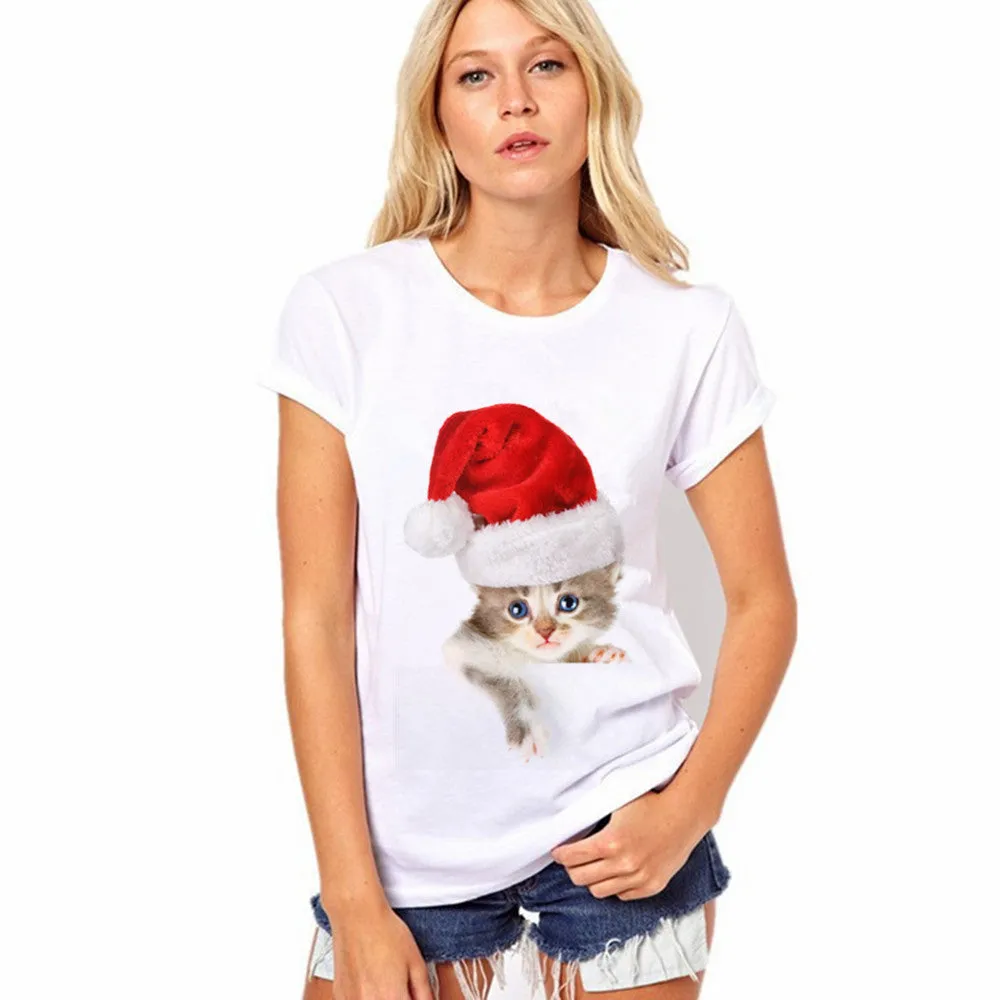 Lovely Cat Pattern Print Short Sleeves Slim T-shirt