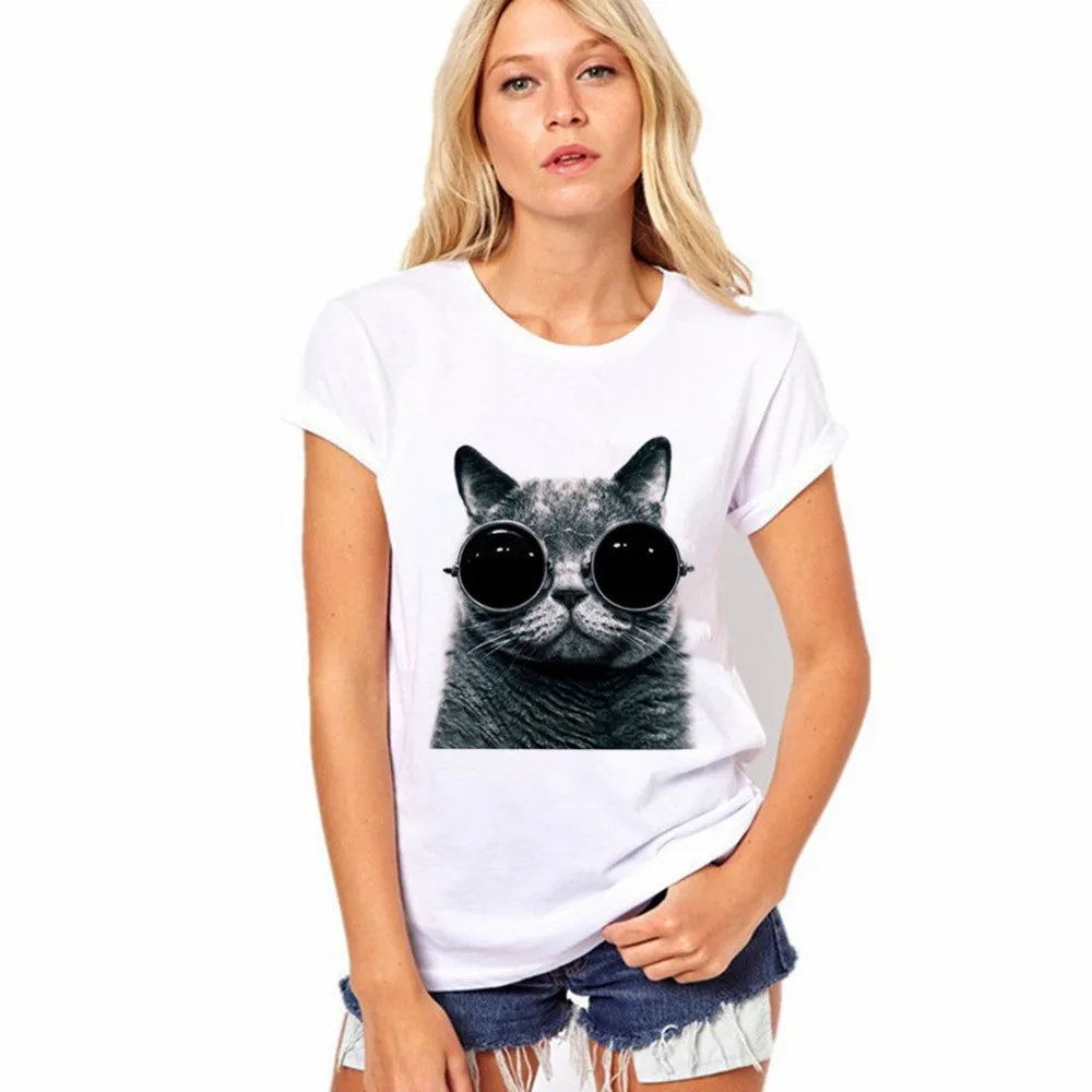 Lovely Cat Pattern Print Short Sleeves Slim T-shirt