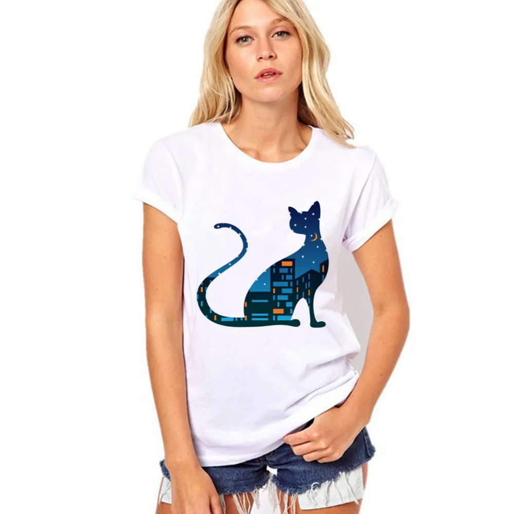 Lovely Cat Pattern Print Short Sleeves Slim T-shirt