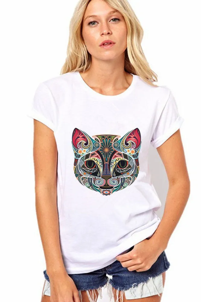 Lovely Cat Pattern Print Short Sleeves Slim T-shirt