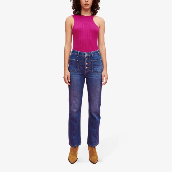 Maje High Rise Buttoned Stretch Denim Flared Jeans blue color