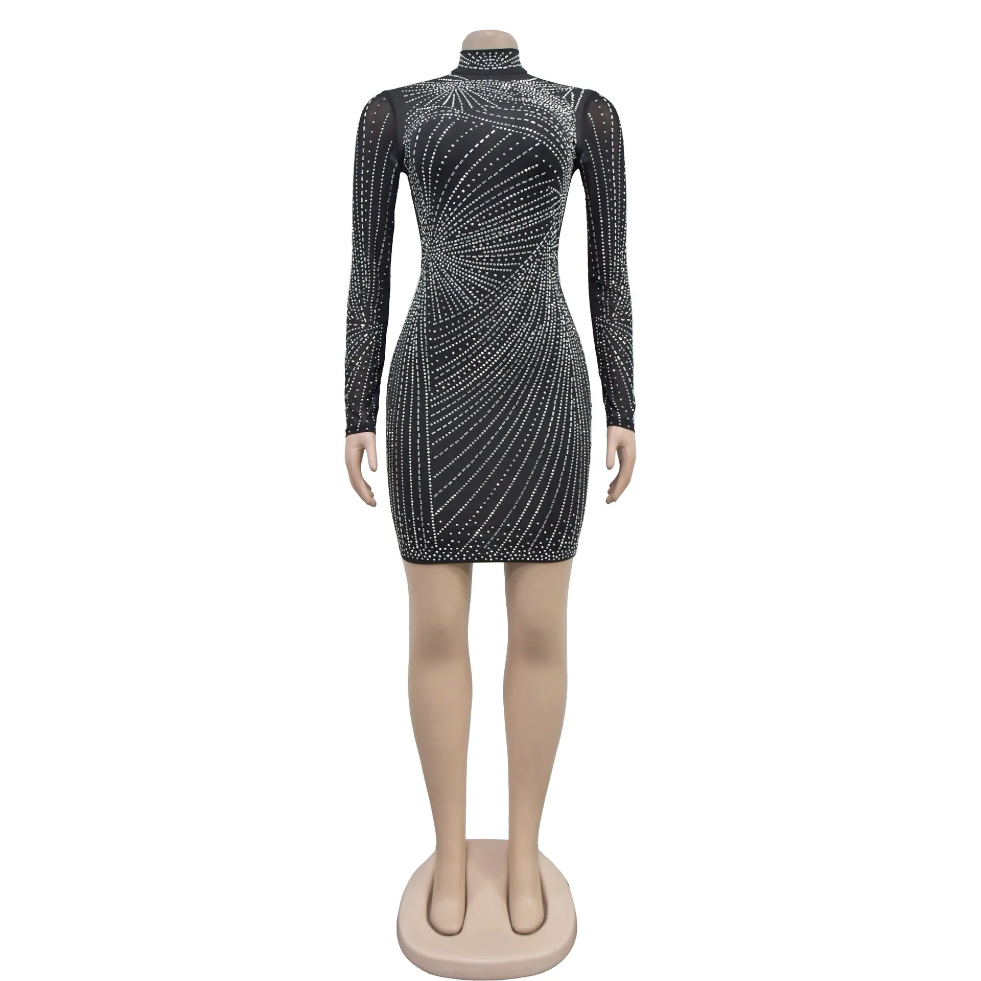 MALYBGG Fashion Women's Rhinestone Mesh Round Neck Dress 7017LY