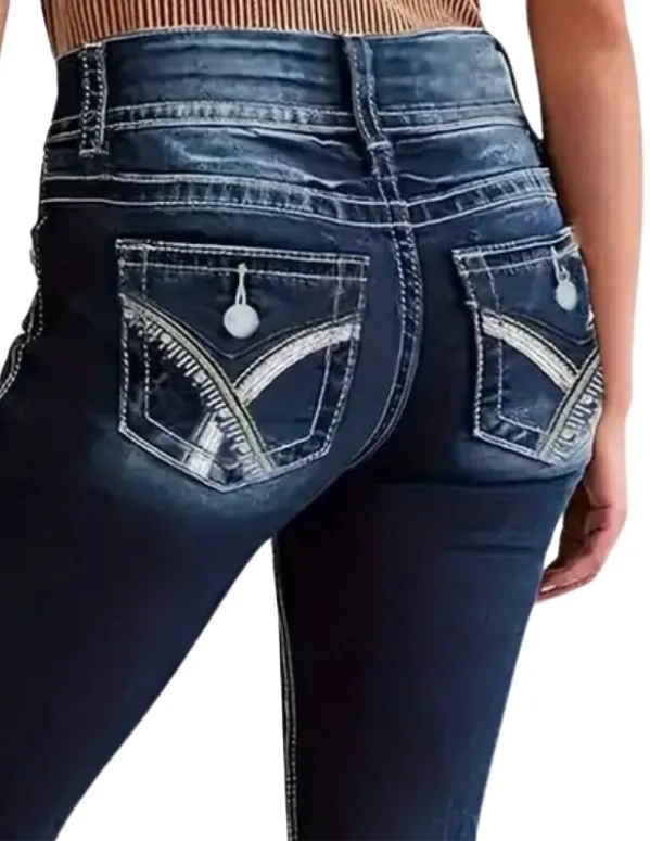Mid-Rise Rhinestone Embroidery Vintage Jeans, Stretchy Slim Fit Denim Pants, Fashionable Retro Style, Skinny Ankle Jeans For Ladies