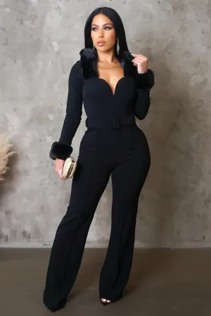 Odette Fur Trim Jumpsuit Black