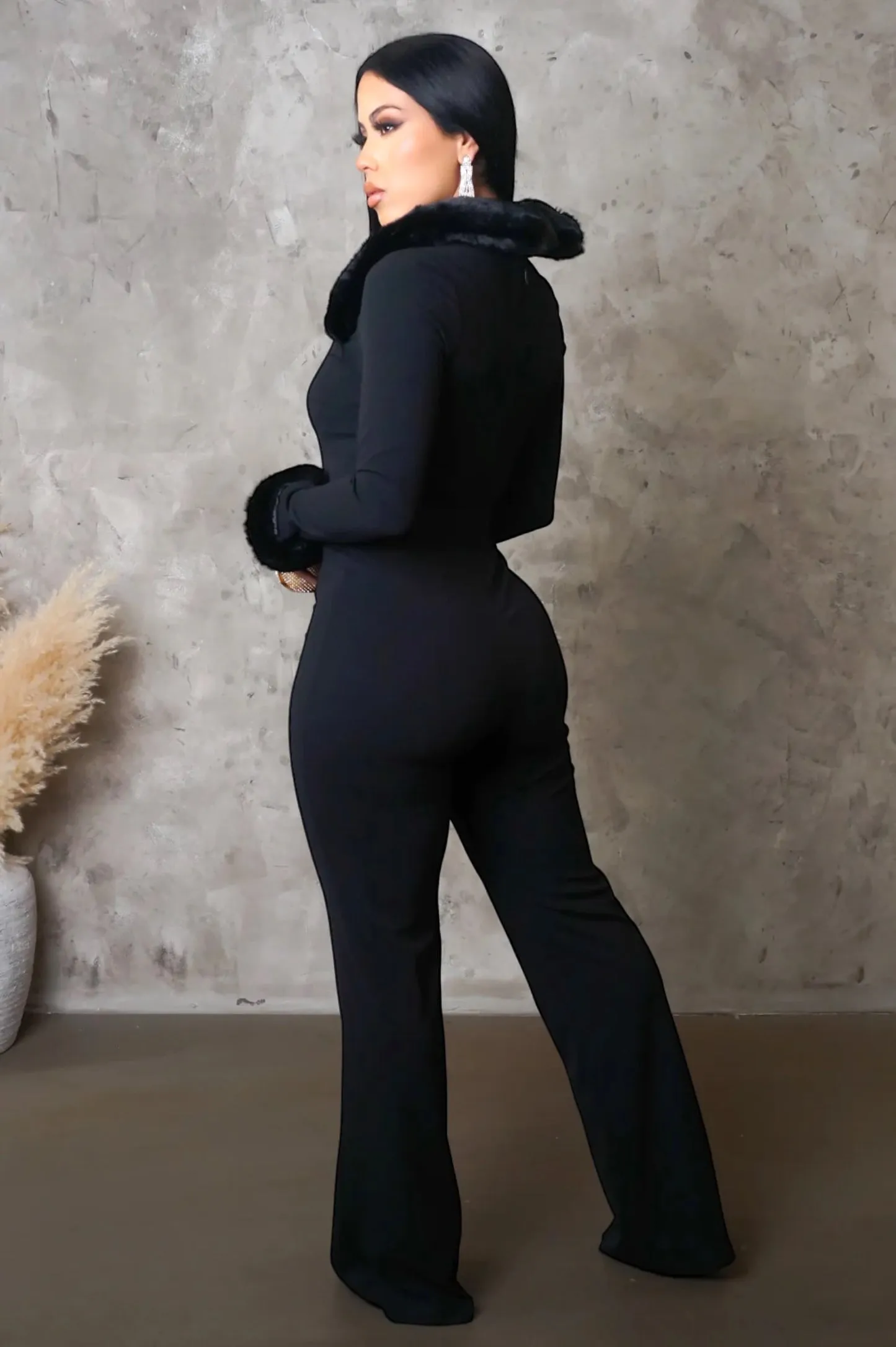 Odette Fur Trim Jumpsuit Black