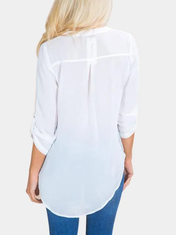 OEM ODM V-Neck Plain Long Sleeve Irregular Curved Hem White T-Shirts