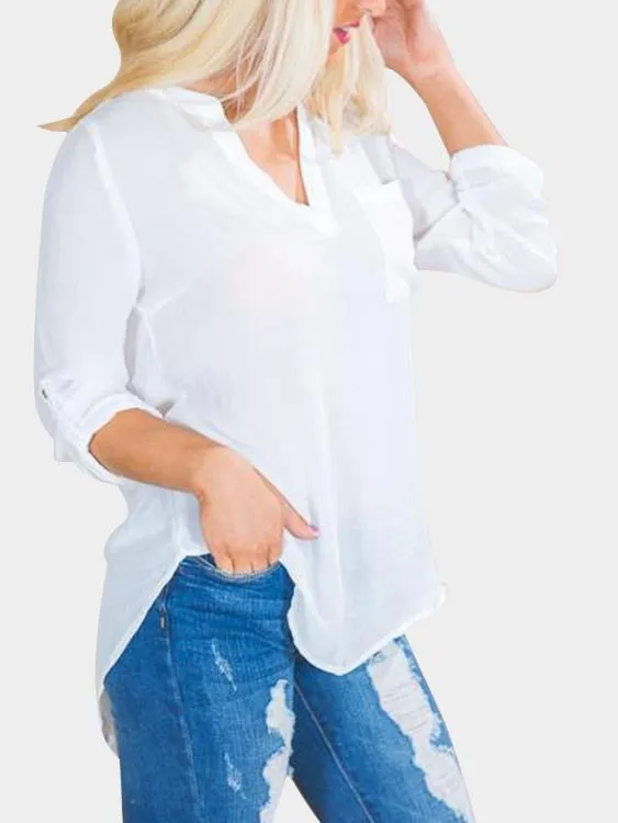 OEM ODM V-Neck Plain Long Sleeve Irregular Curved Hem White T-Shirts
