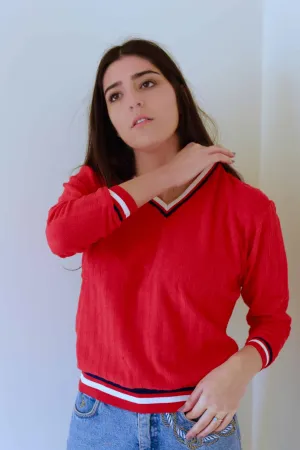 ONZA Vintage 70s Red V-Neck Sweater - Retro Striped Neckline