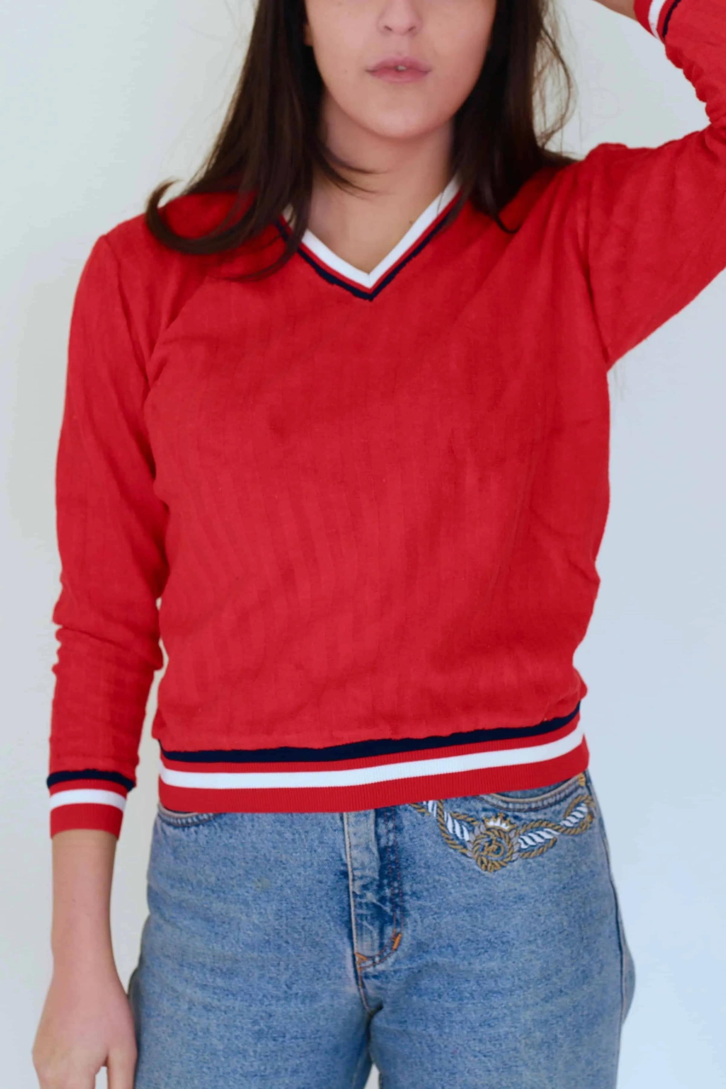 ONZA Vintage 70s Red V-Neck Sweater - Retro Striped Neckline