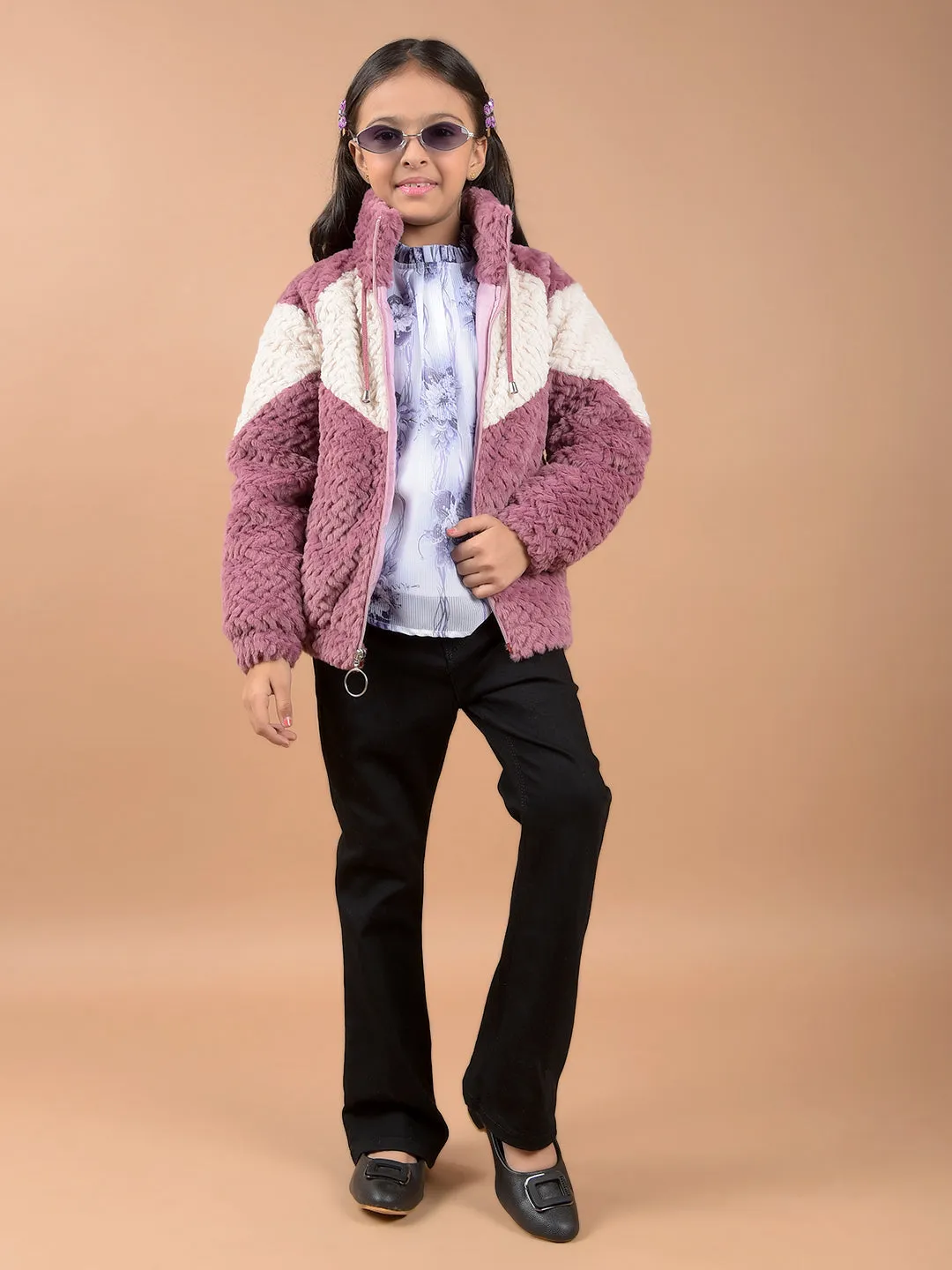 Pink Color-Block High Neck Fur Jacket