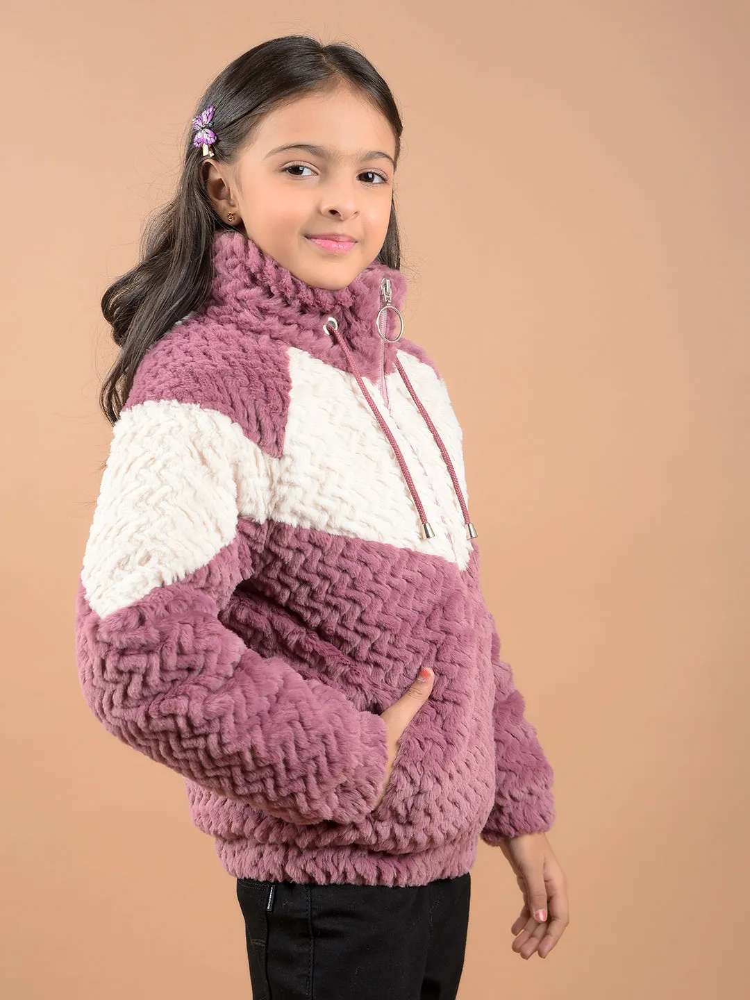 Pink Color-Block High Neck Fur Jacket