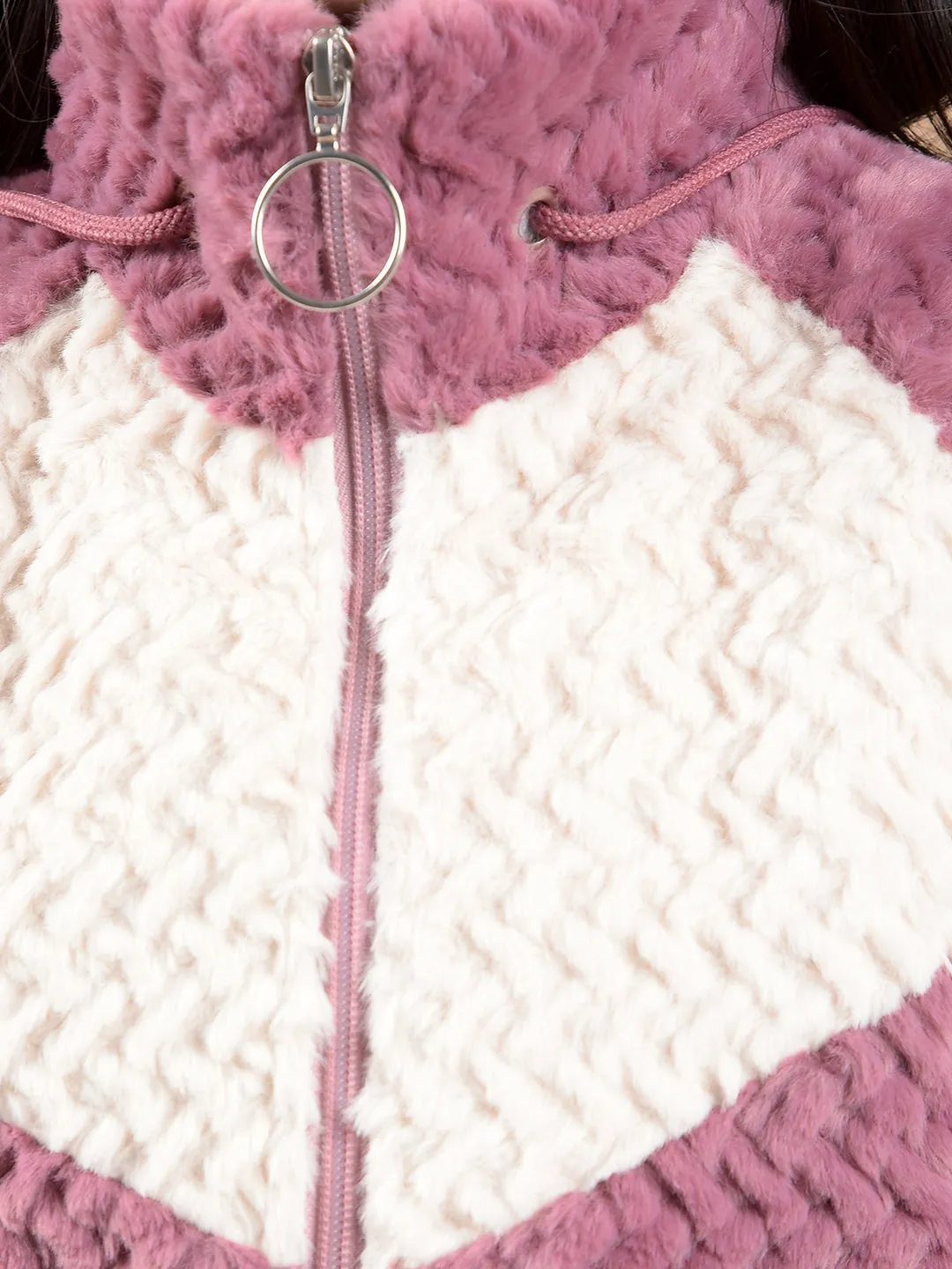 Pink Color-Block High Neck Fur Jacket