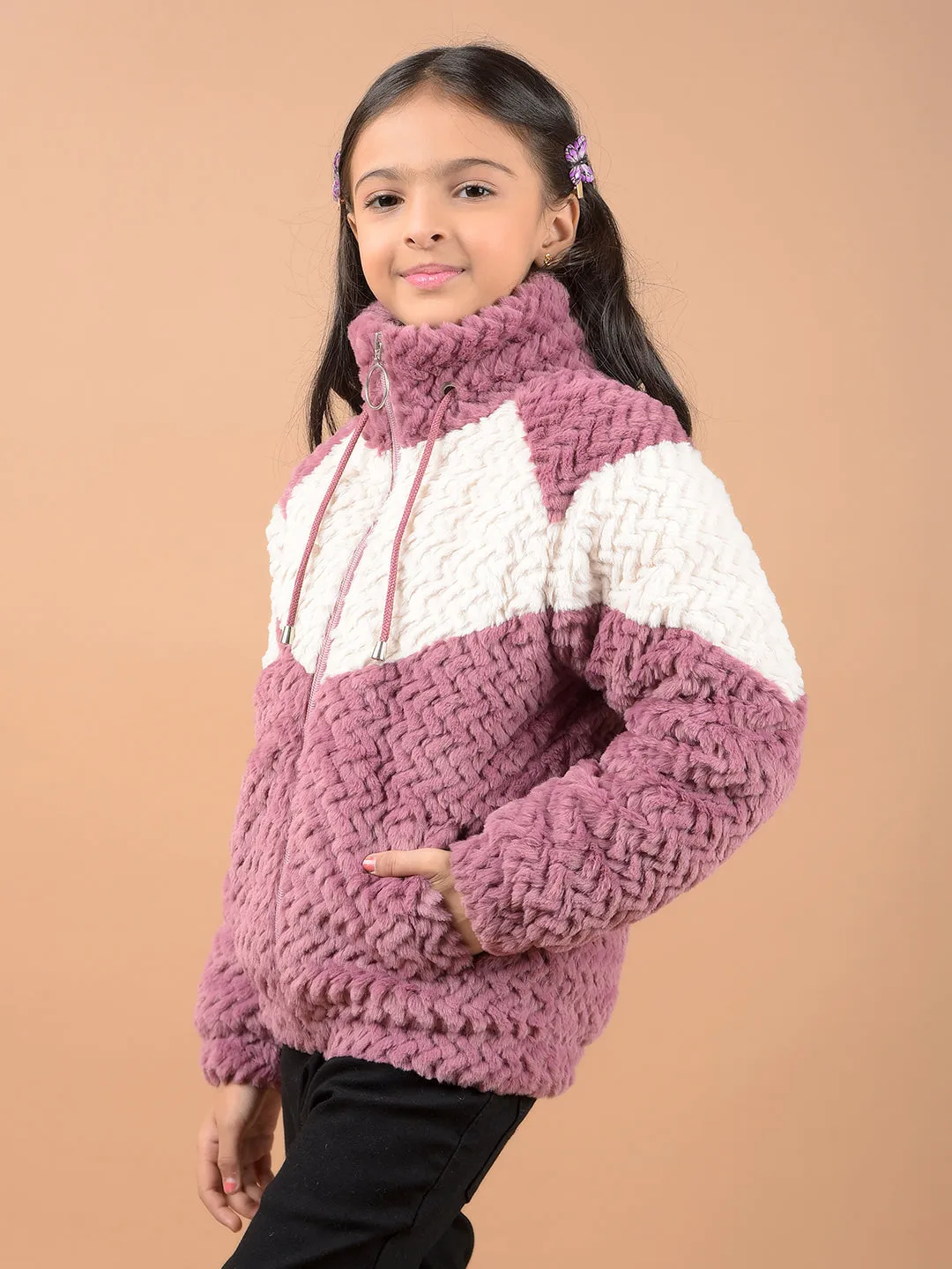 Pink Color-Block High Neck Fur Jacket