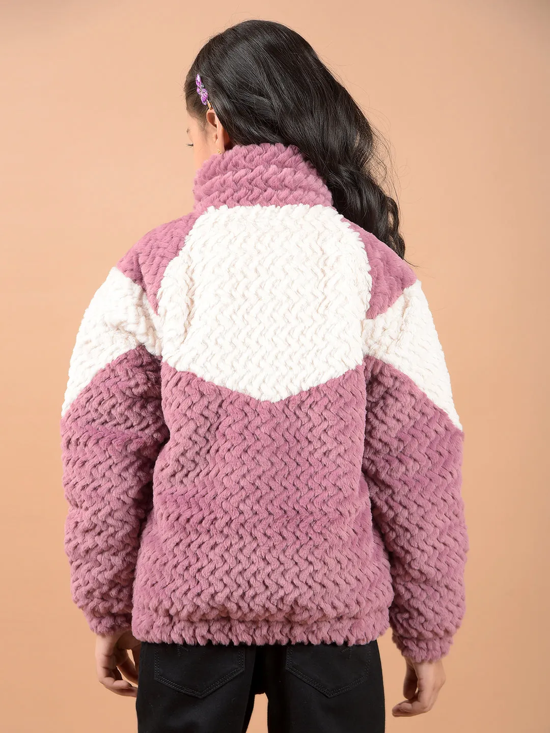 Pink Color-Block High Neck Fur Jacket