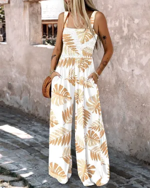 Plants Print Square Neck Thick Strap Shirred Jumpsuit Wide Leg Overalls with Pockets