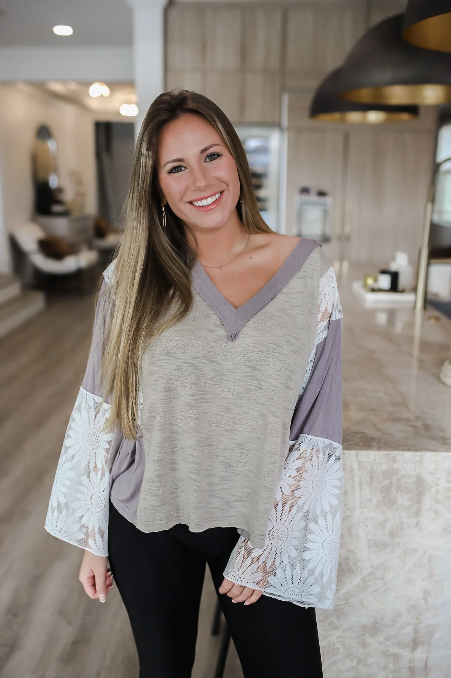 POL Lace Detail V-Neck Flare Sleeve Blouse
