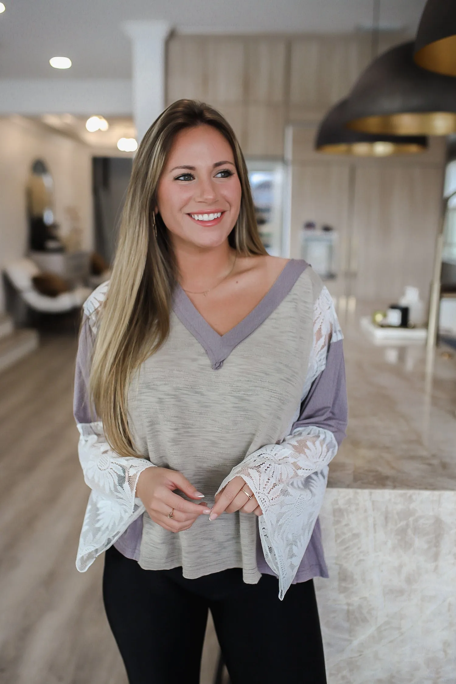 POL Lace Detail V-Neck Flare Sleeve Blouse