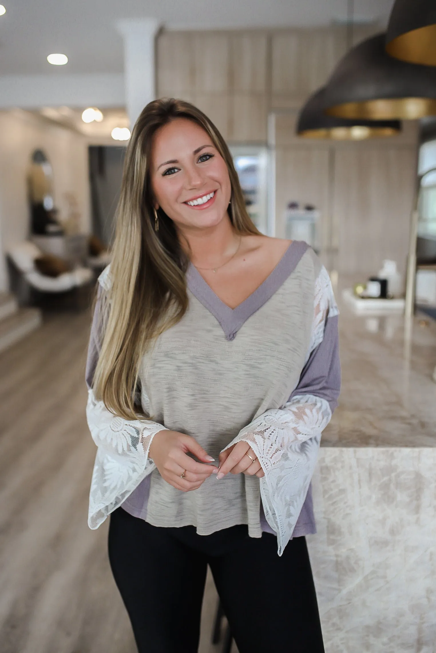 POL Lace Detail V-Neck Flare Sleeve Blouse