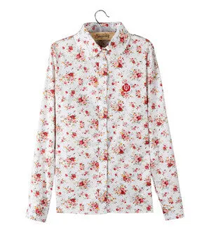 Printed Flowers Cotton Shirts Casual Slim