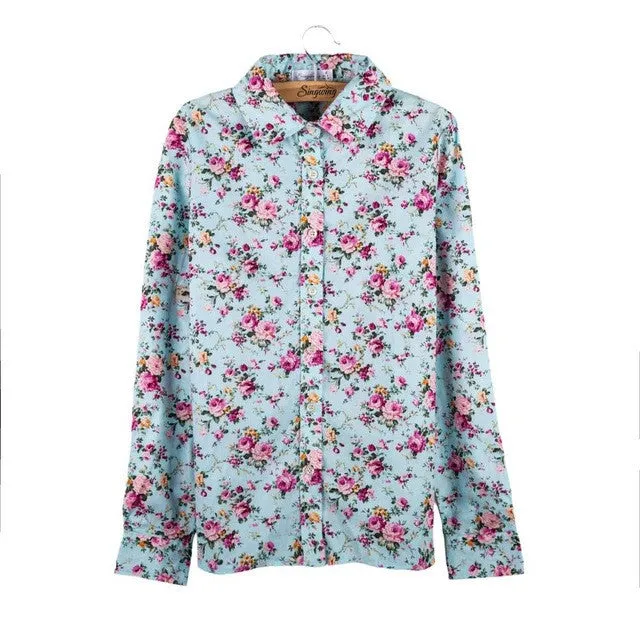 Printed Flowers Cotton Shirts Casual Slim