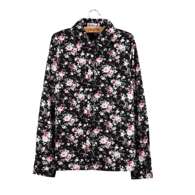 Printed Flowers Cotton Shirts Casual Slim