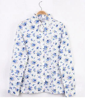 Printed Flowers Cotton Shirts Casual Slim