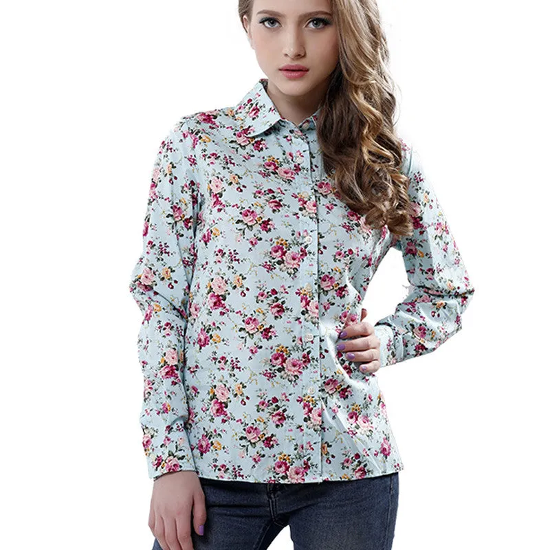 Printed Flowers Cotton Shirts Casual Slim
