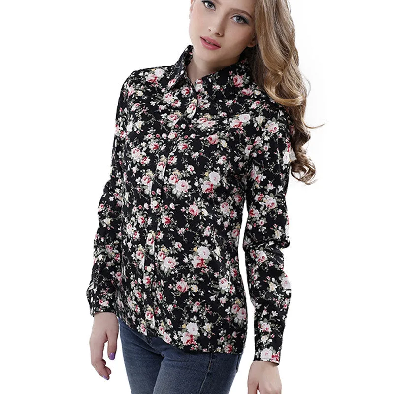 Printed Flowers Cotton Shirts Casual Slim