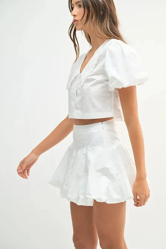 Puff Sleeve Button Down Top and Bubble Skirt Set