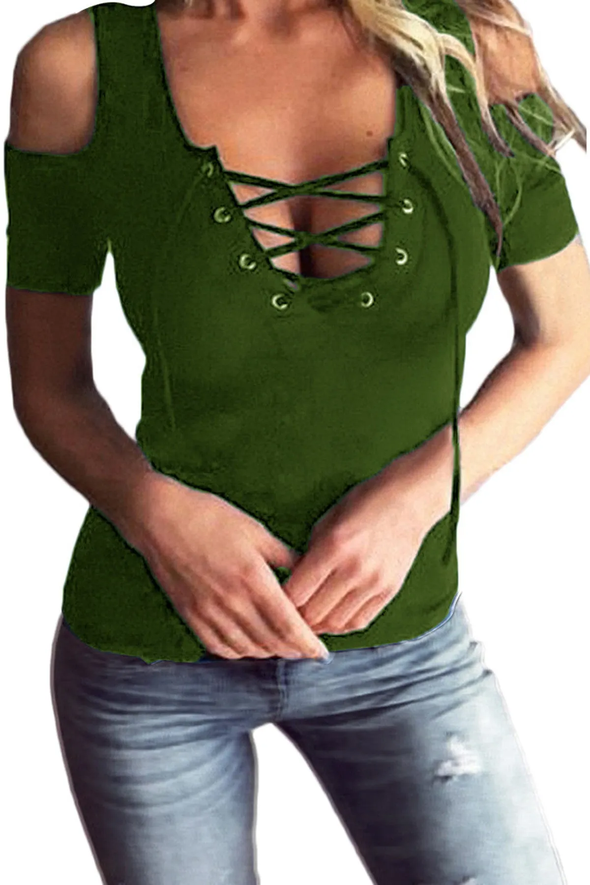 Pure Color Hollow Out Cross Straps T-shirt