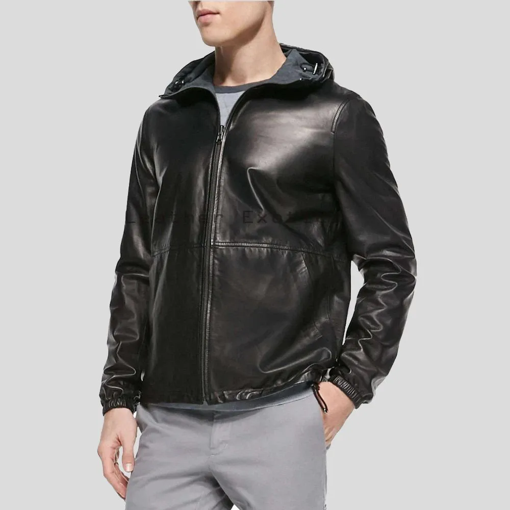 Racio Black Hooded Leather Jacket