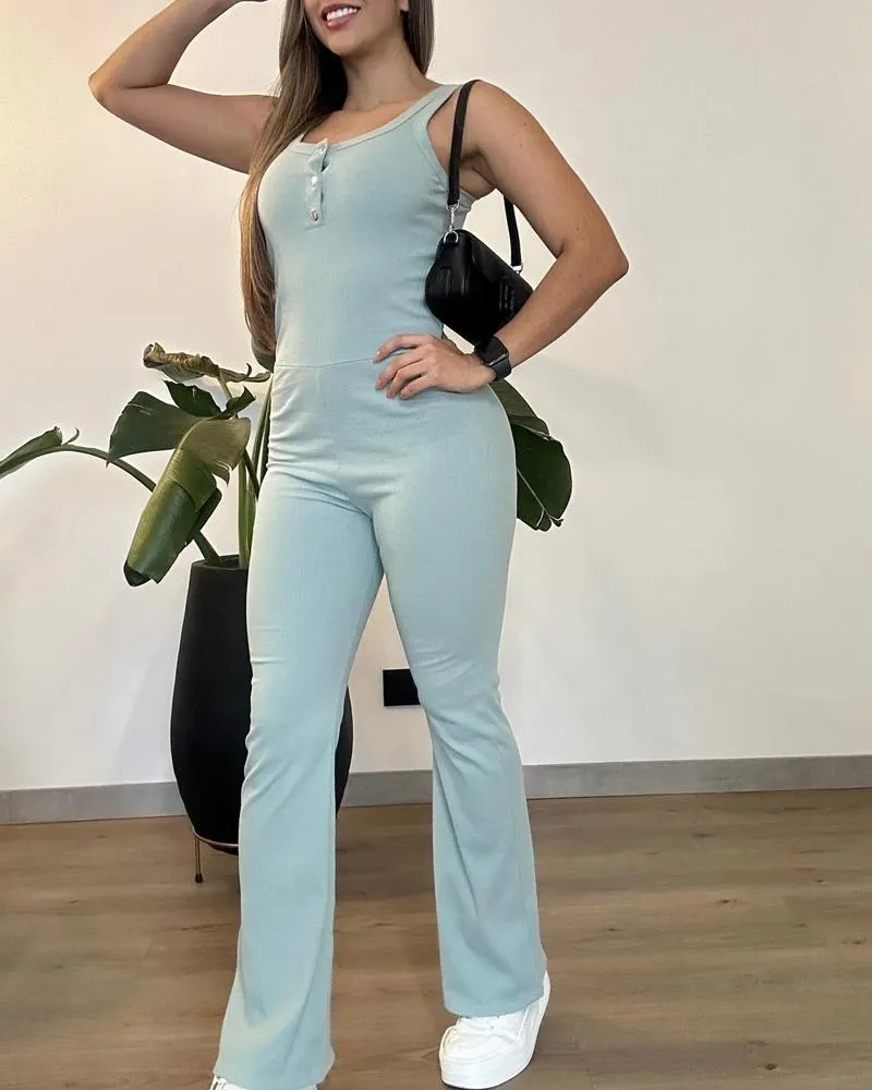 Ribbed U Neck Sleeveless Strechy Jumpsuit Casual Slim Fit Romper