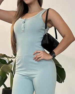 Ribbed U Neck Sleeveless Strechy Jumpsuit Casual Slim Fit Romper