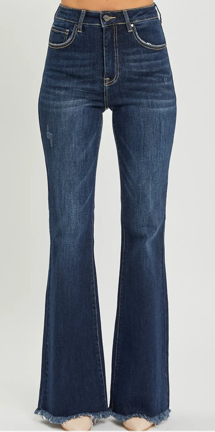 Risen High Rise Vintage Frayed Hem Flare Jeans