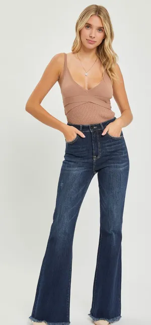 Risen High Rise Vintage Frayed Hem Flare Jeans