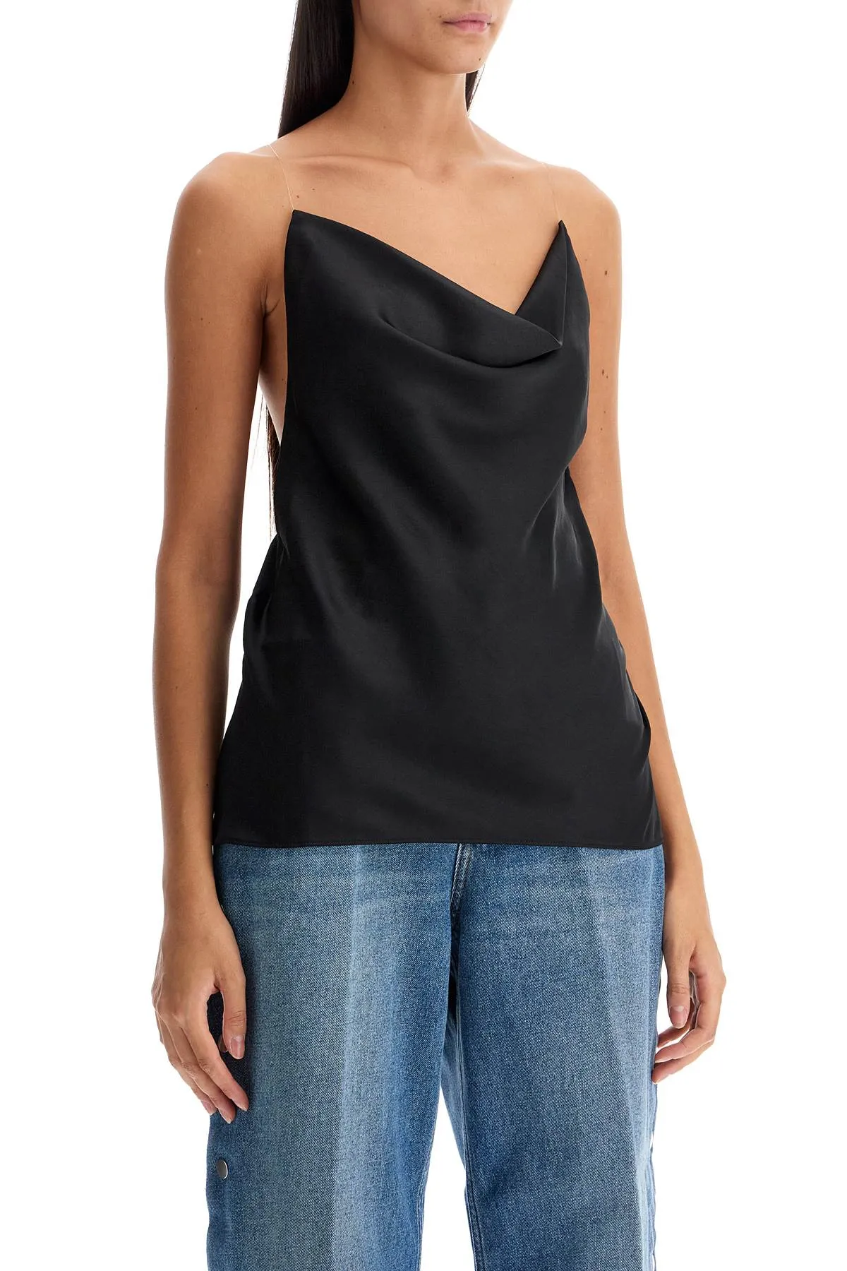 satin top with draped neckline and low 102TO006 F535 EVERGREEN BLACK