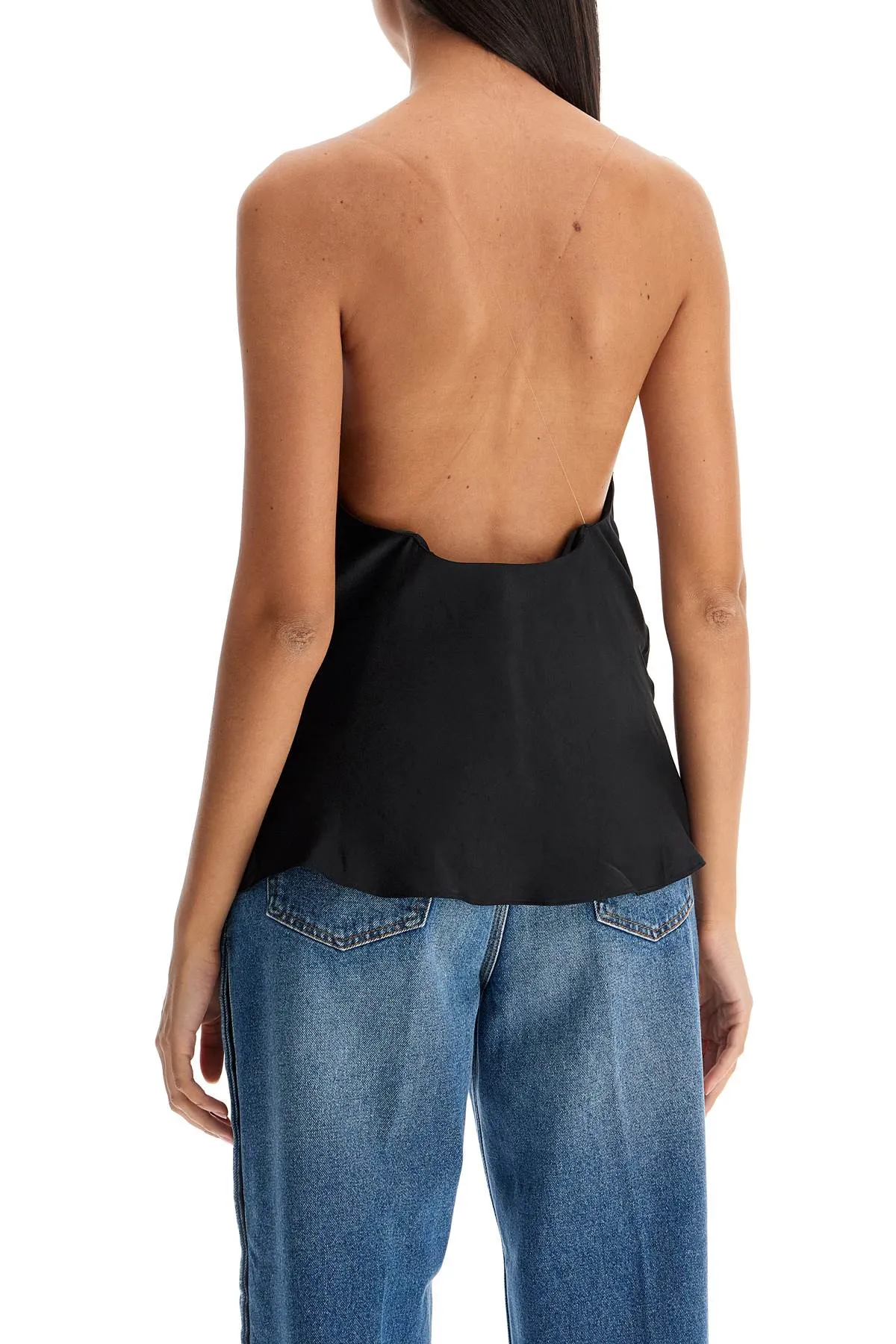 satin top with draped neckline and low 102TO006 F535 EVERGREEN BLACK