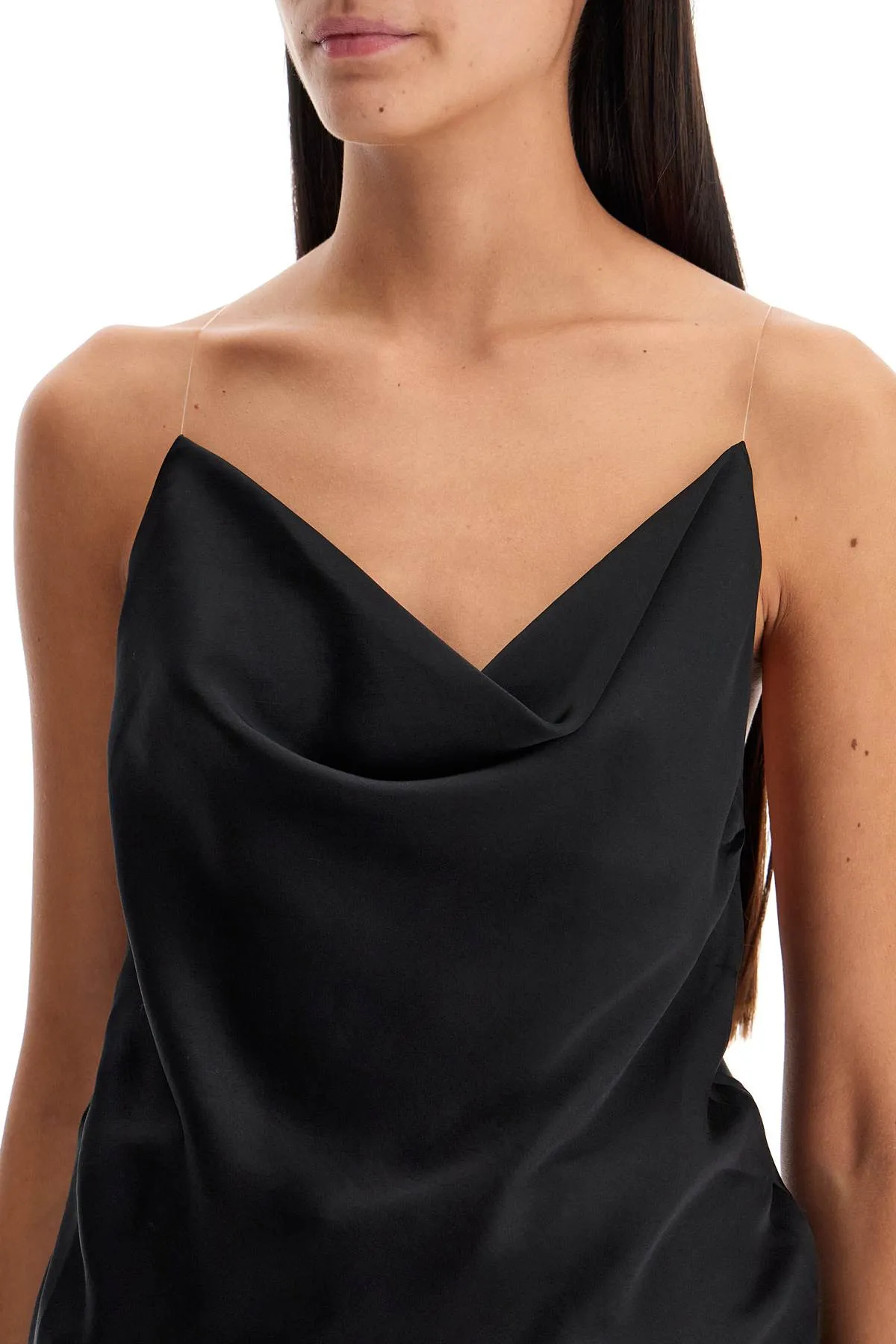 satin top with draped neckline and low 102TO006 F535 EVERGREEN BLACK
