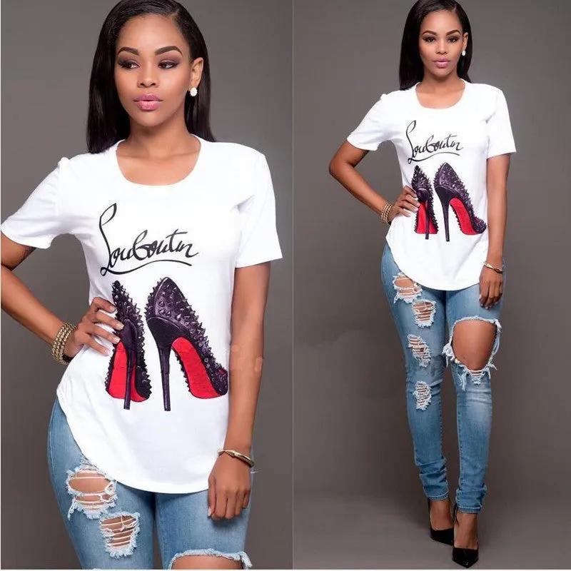 Scoop Heel Print Irregular Short Sleeves Regular T-shirt