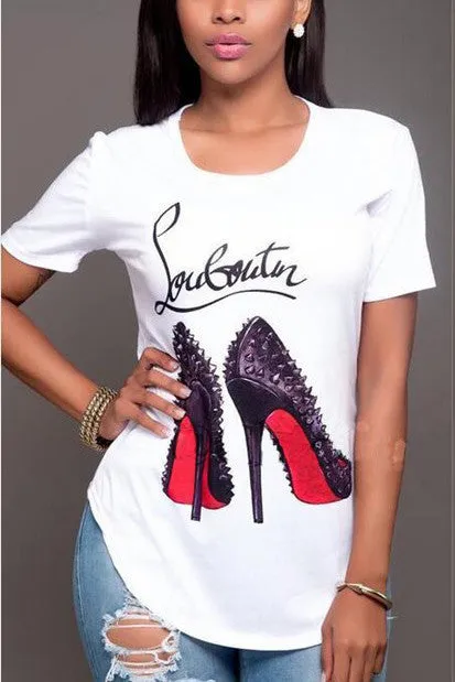 Scoop Heel Print Irregular Short Sleeves Regular T-shirt