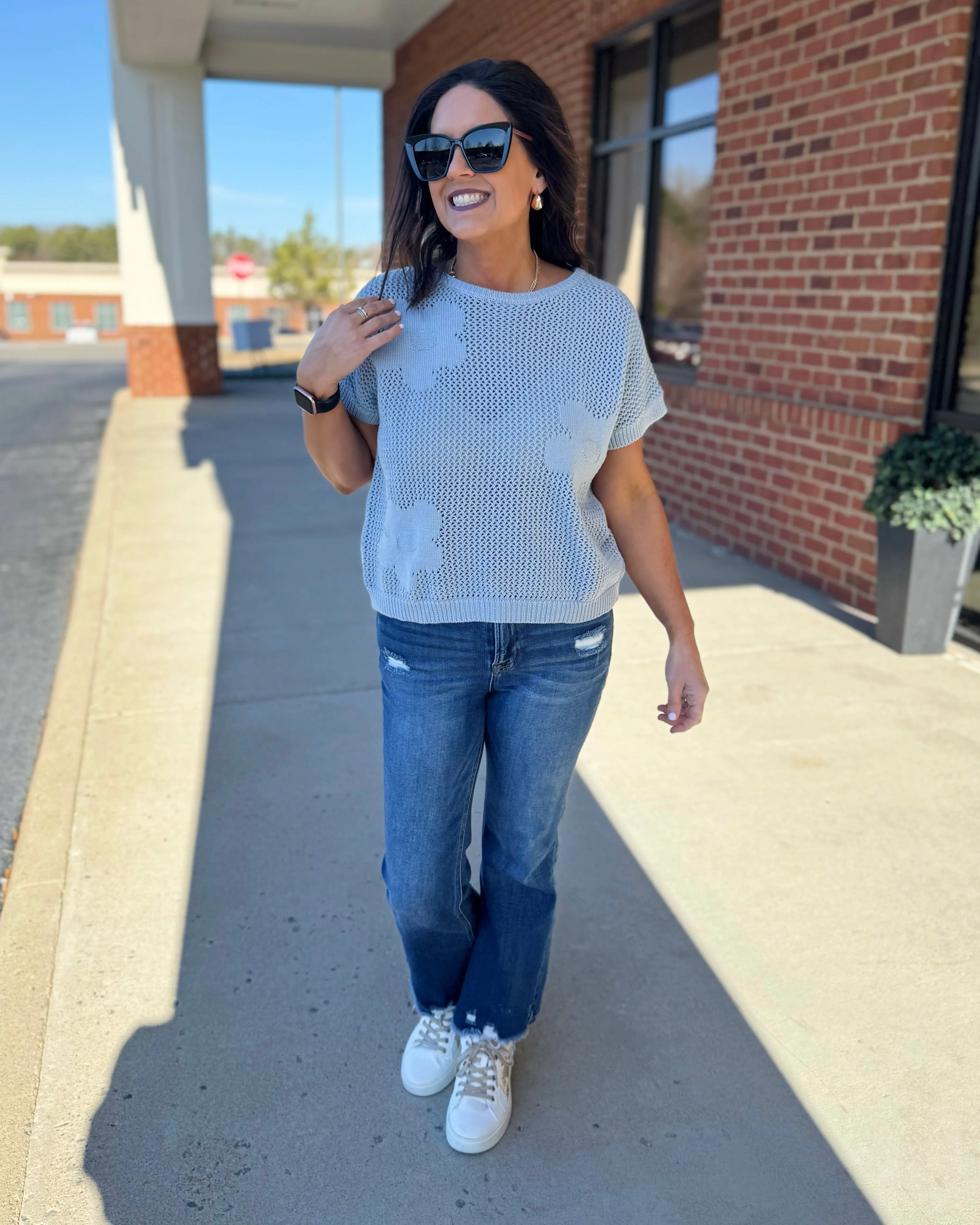 Shelby Flower Sweater in Sky Blue