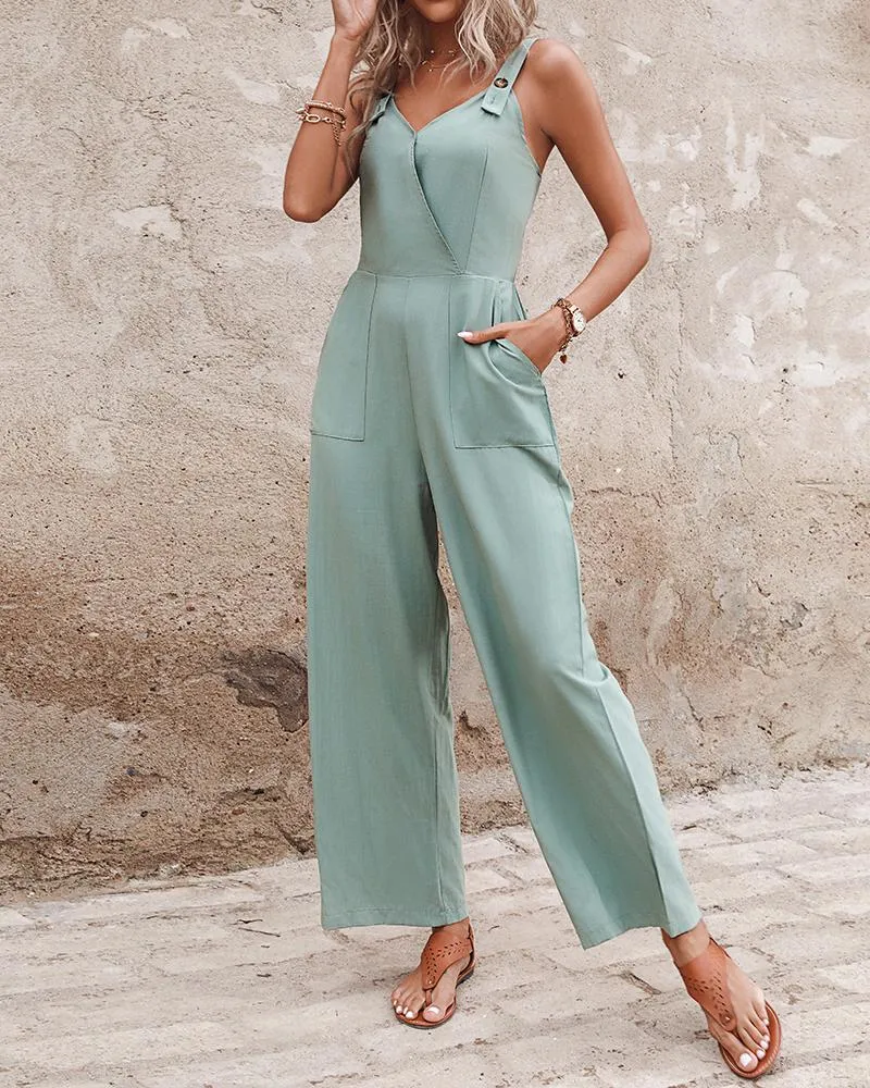 Shirred Pocket Design V Neck Jumpsuit