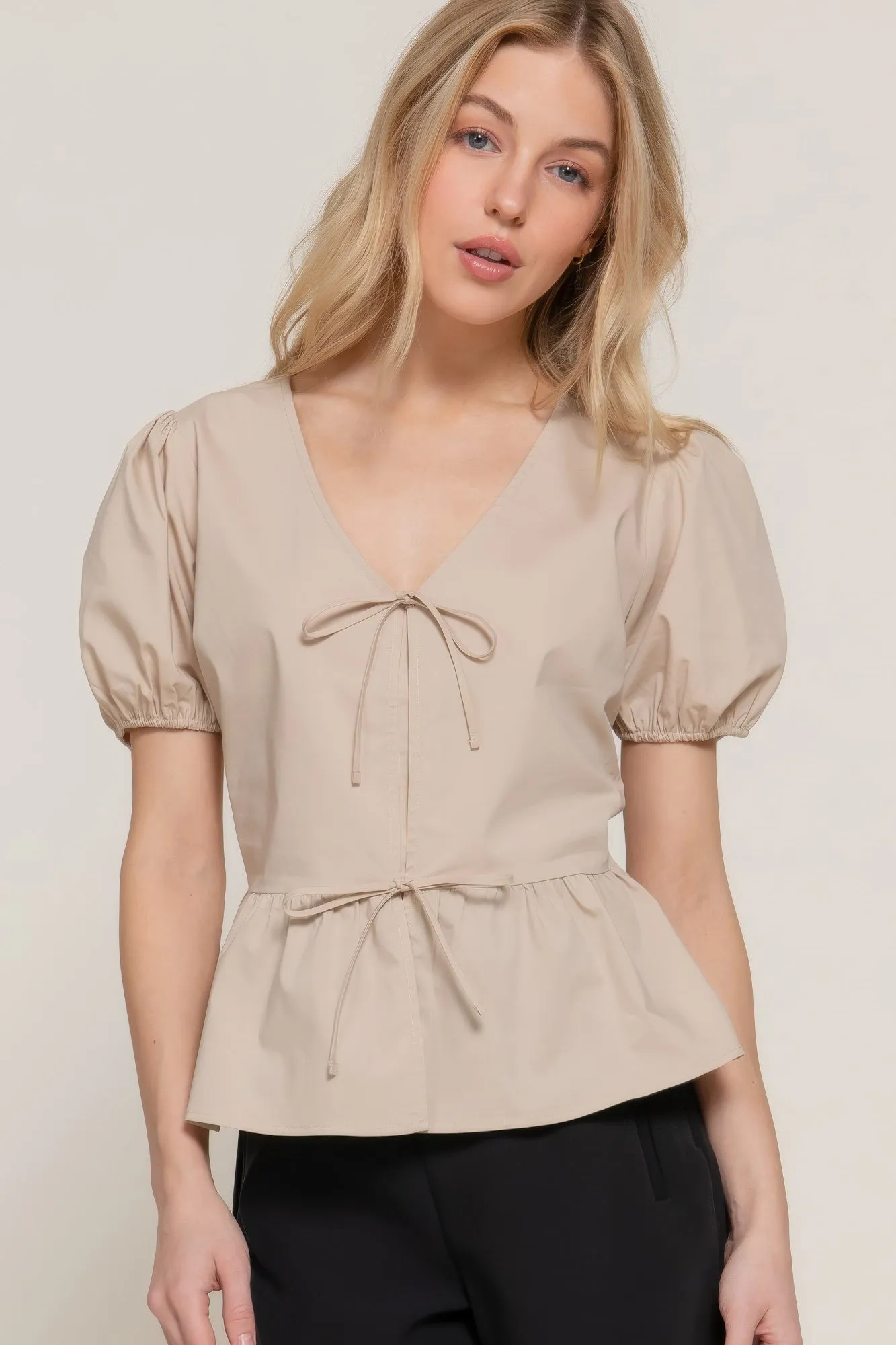 Short Puff Sleeve Tied Popline Top